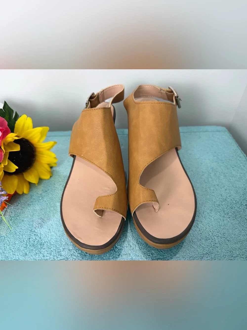 Women's Tan Platform Wedge Sandals with Ankle Strap